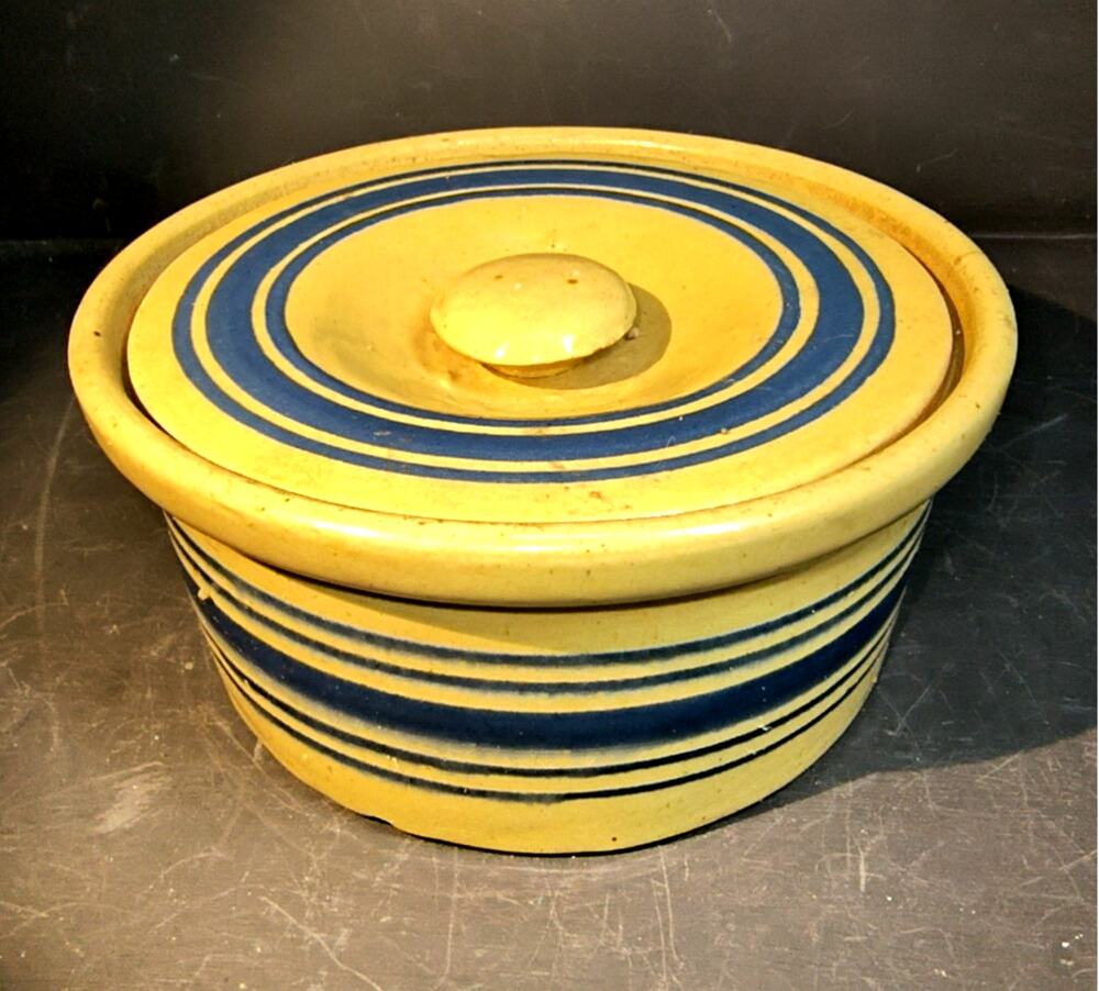 1749.  Antique Butter Stoneware Crock With Lid Yellow Blue Bands